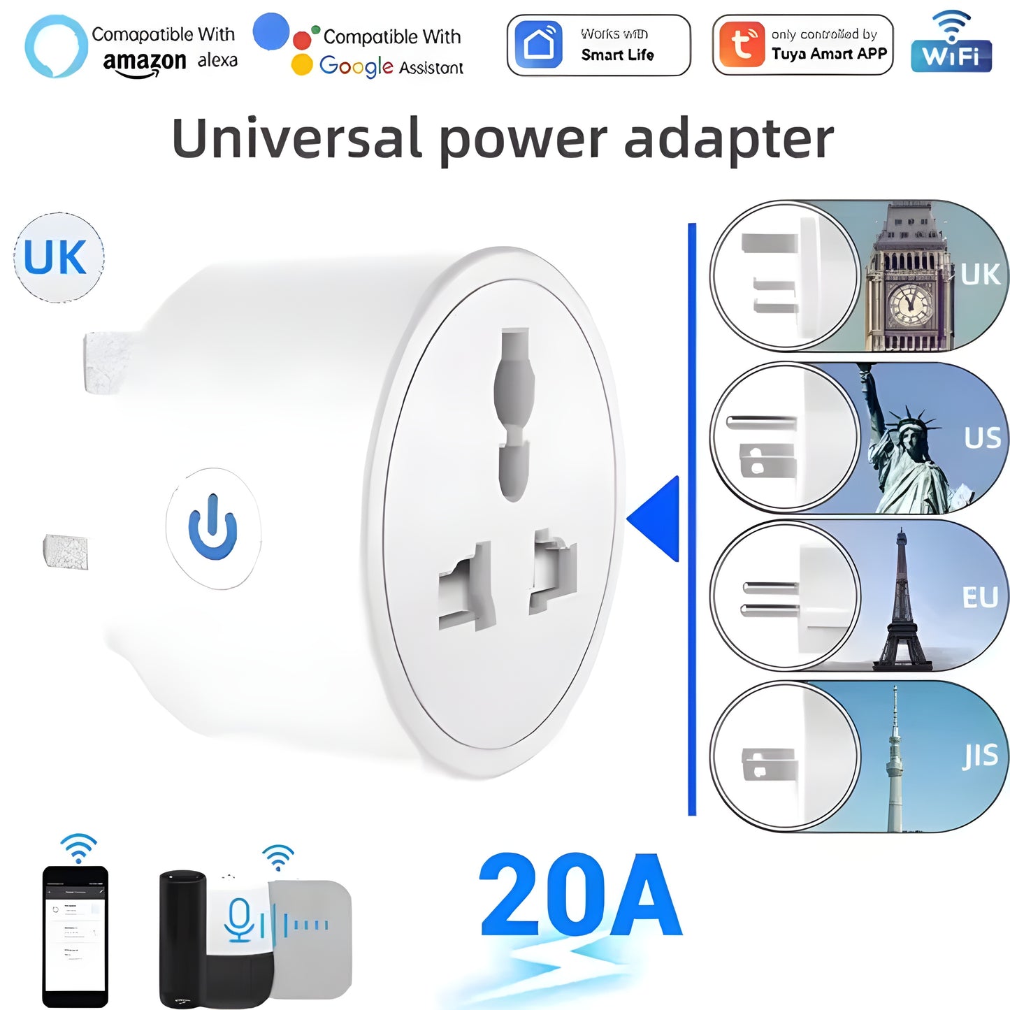 20A WiFi Smart Socket – Tuya App, Alexa/Google